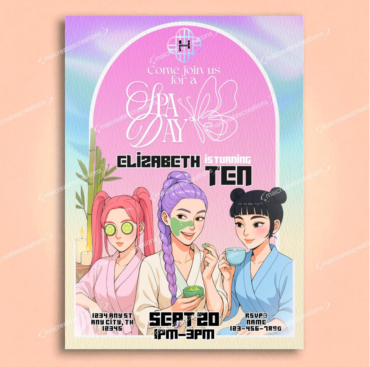 Huntrix | Spa Birthday Party Invitation + Gift Tag Bundle | Editable Canva Digital Template | Watercolor Texture