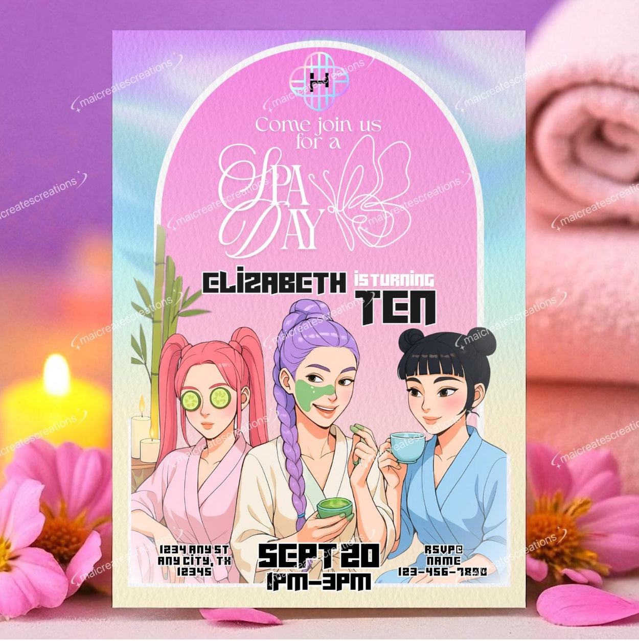 Huntrix | Spa Birthday Party Invitation + Gift Tag Bundle | Editable Canva Digital Template | Watercolor Texture