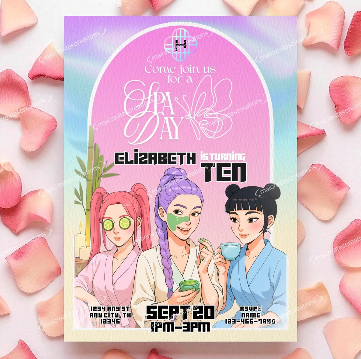 Huntrix | Spa Birthday Party Invitation + Gift Tag Bundle | Editable Canva Digital Template | Watercolor Texture