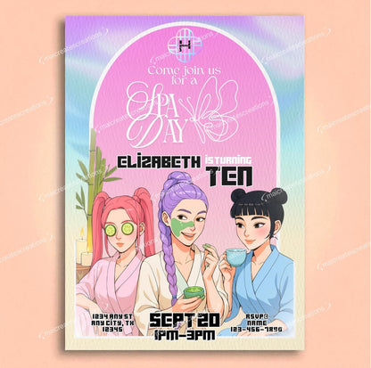 Huntrix | Spa Birthday Party Invitation + Gift Tag Bundle | Editable Canva Digital Template | Watercolor Texture