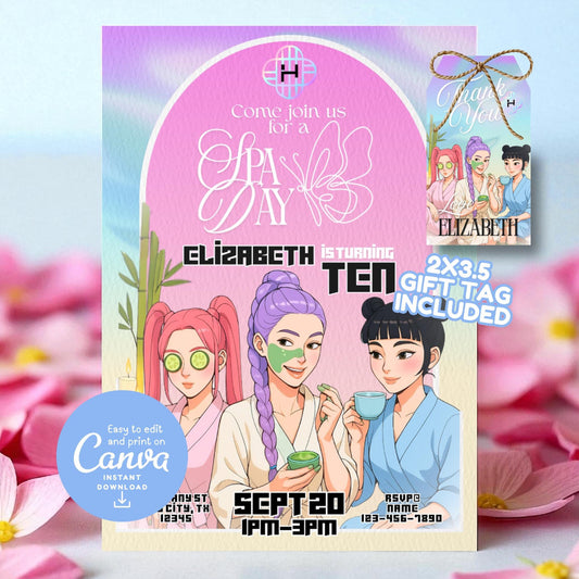 K-Pop Demon Hunters Spa Birthday Party Invitation + Gift Tag Bundle | Digital Editable Canva Template | Huntrix Rumi Zoey Mira