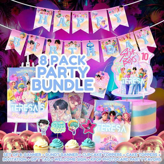 KPDH | Saja Boys Birthday Party Bundle Invitation Banner Cake & Cupcake Toppers Thank You Gift Tags PDF Printable Decor Kit Jinu